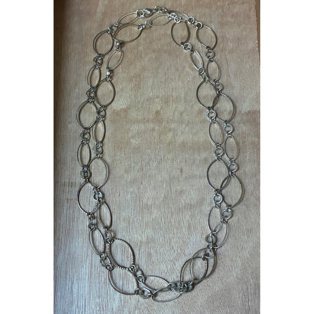 Long Silver Tone Open Link Necklace Convertible Double Strand Textured Oval - Picture 1 of 5